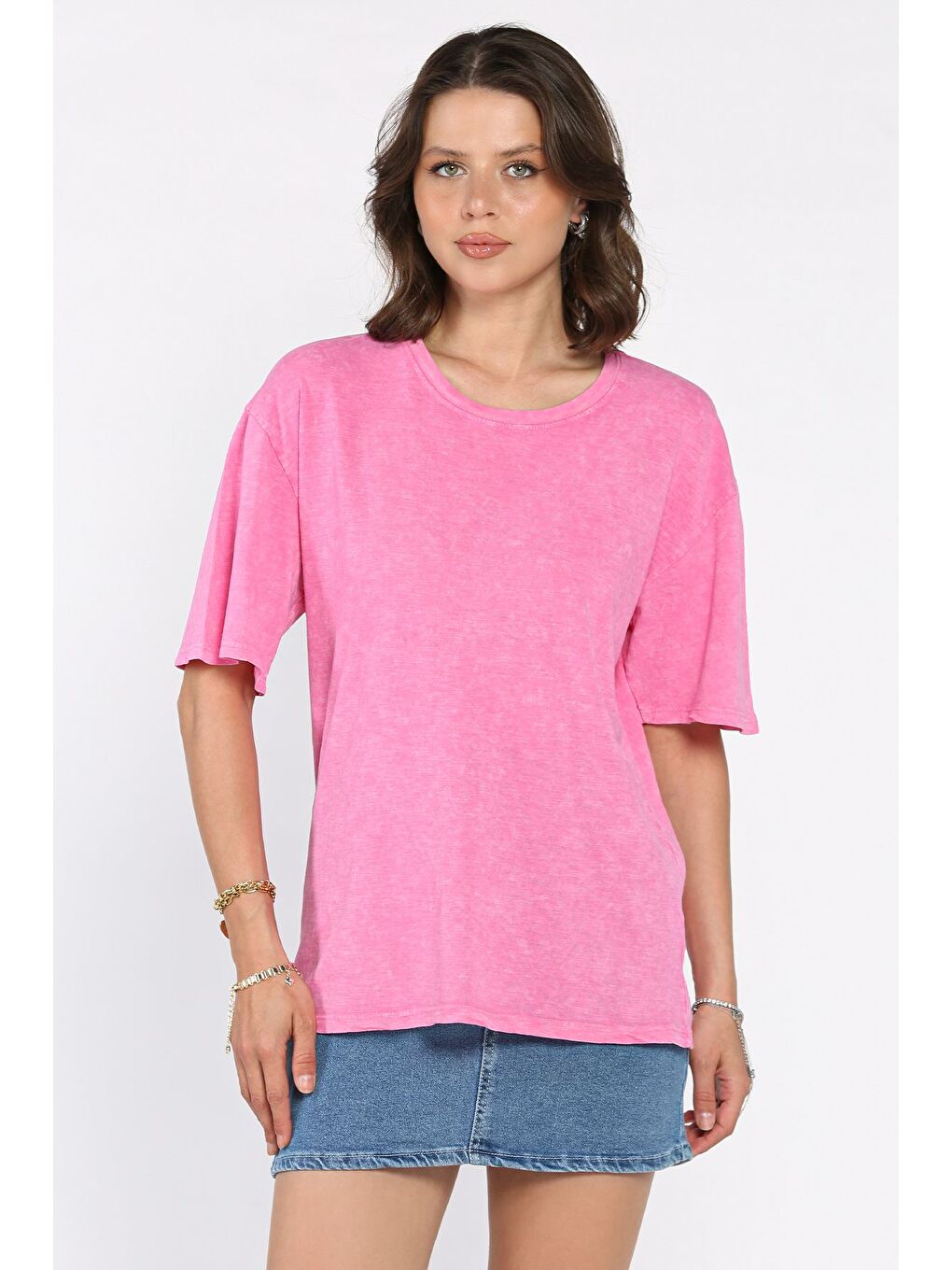 Pembe Kadın Bisiklet Yaka Oversize Tişört-1