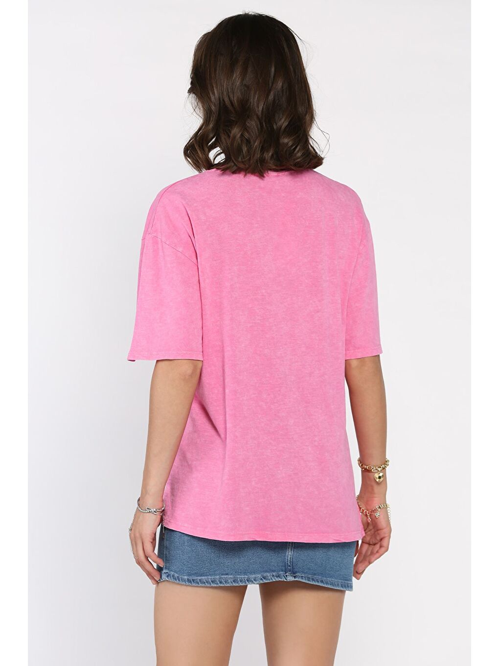 Pembe Kadın Bisiklet Yaka Oversize Tişört-2