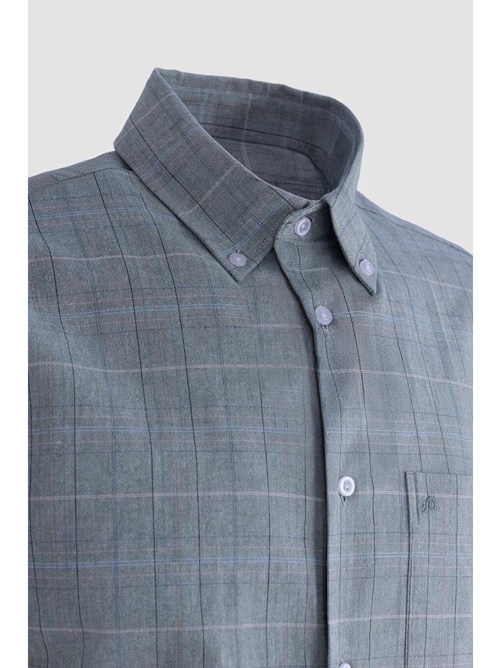 Erkek Haki Kısa Kollu Ekose Desenli Pamuk Gömlek – Düğmeli Yaka, Regular Fit-3