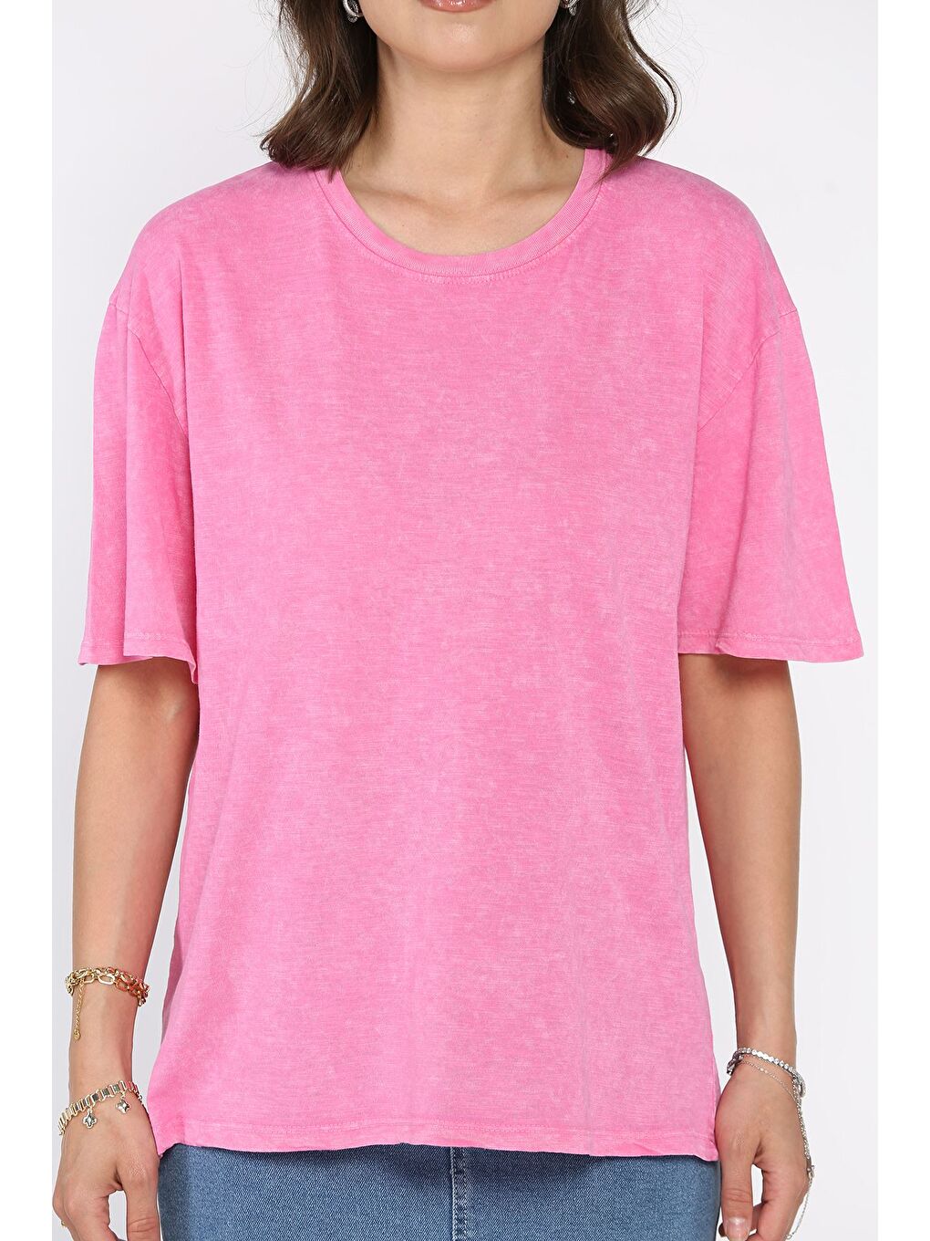 Pembe Kadın Bisiklet Yaka Oversize Tişört-3