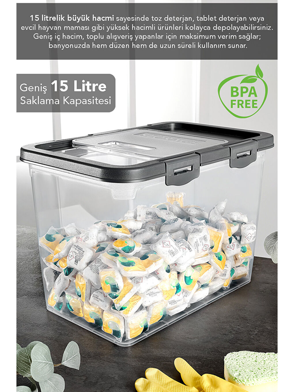 Gri 3'lü Etiketli Sürgülü Kilitli Deterjan Saklama Kutusu 15 l-3