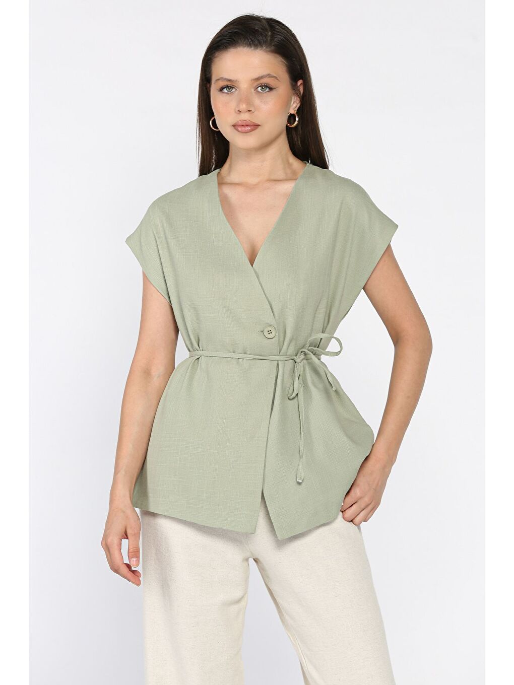 Haki Kadın Astarlı Keten Yelek-1