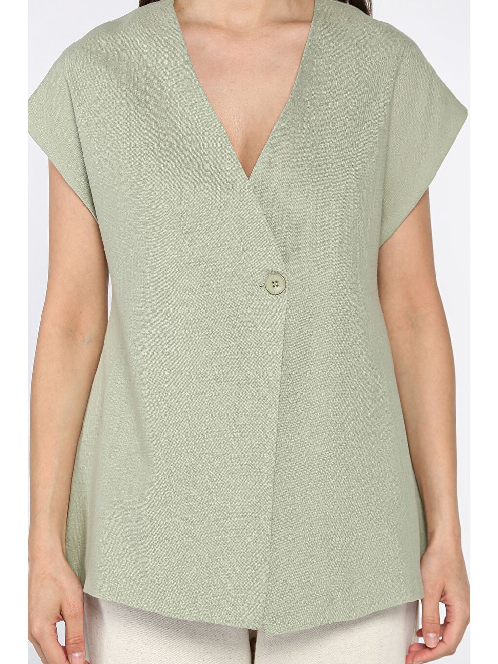 Haki Kadın Astarlı Keten Yelek-3