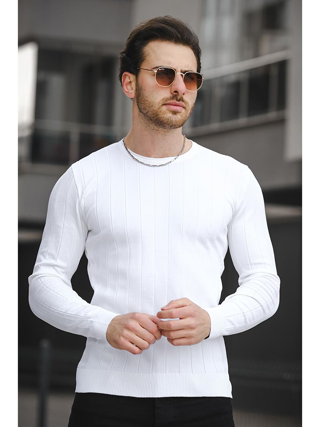 Beyaz Ht 340005 Gizli Çizgili Bisiklet Yaka Erkek Triko Uzun Kol Tişört