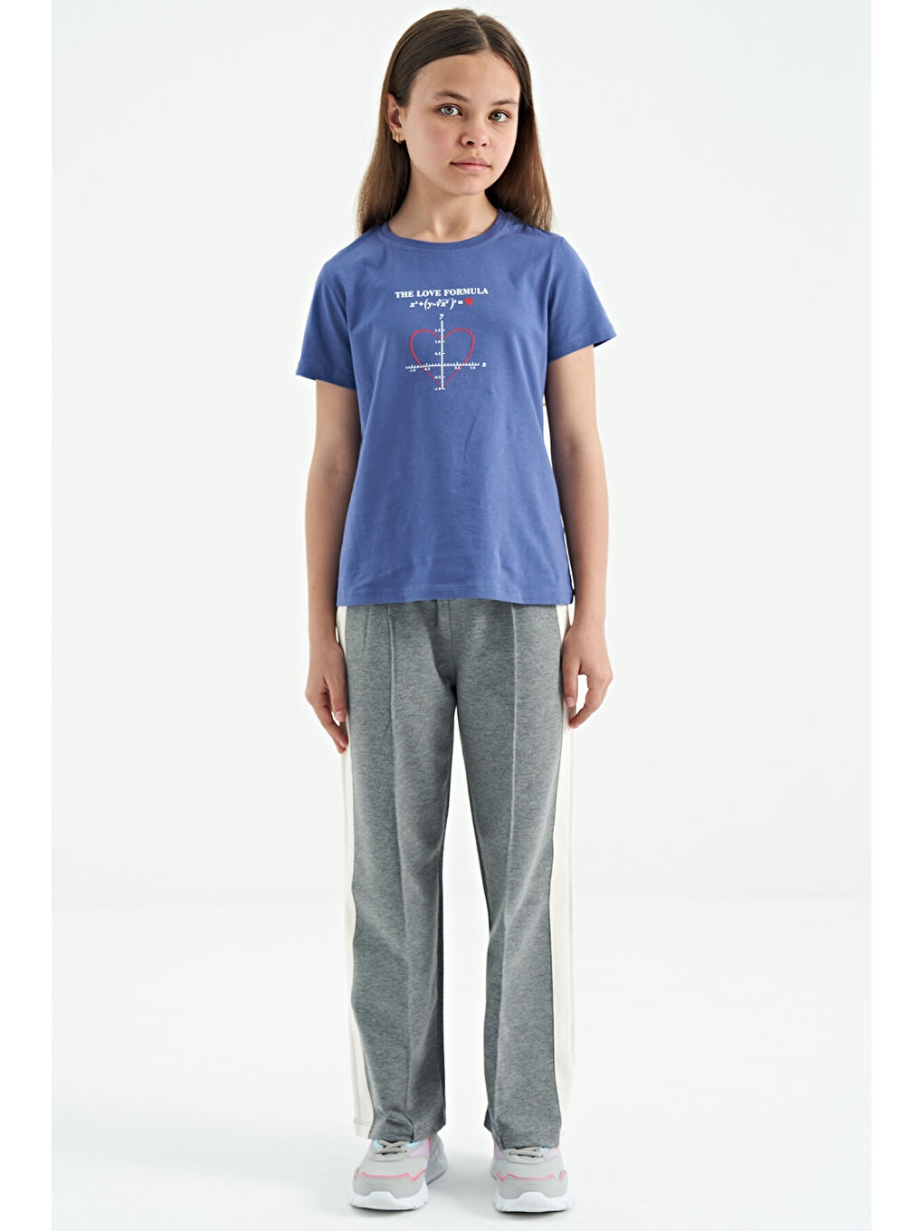 Mor Açık Eflatun O Yaka Baskı Detaylı Rahat Kalıp Kız Çocuk Tişört - 75129-2