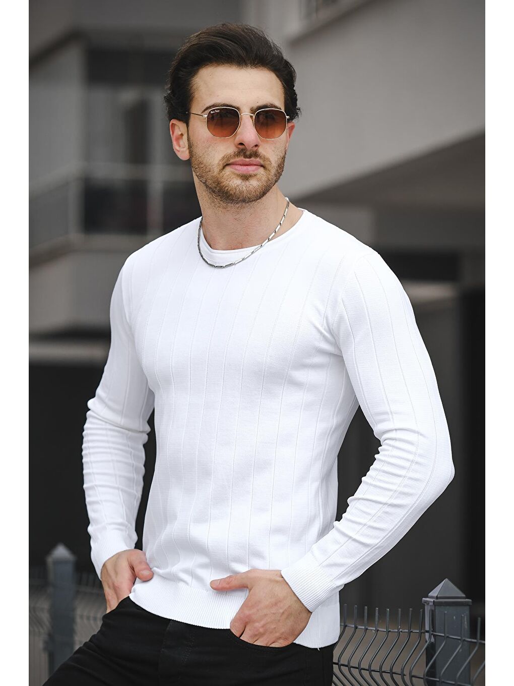 Beyaz Ht 340005 Gizli Çizgili Bisiklet Yaka Erkek Triko Uzun Kol Tişört-1