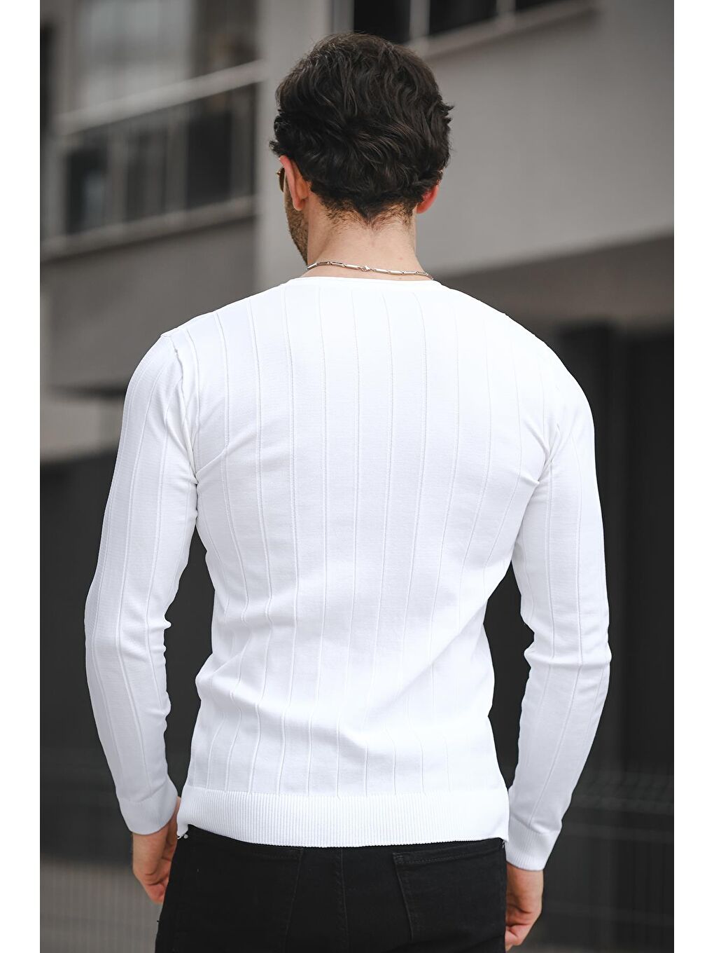 Beyaz Ht 340005 Gizli Çizgili Bisiklet Yaka Erkek Triko Uzun Kol Tişört-2