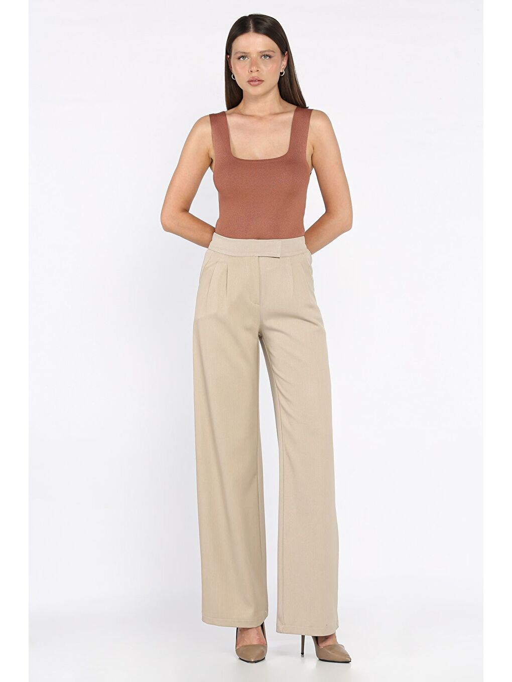 Bej Kadın Bel Lastikli Cırtlı Palazzo Pantolon-1