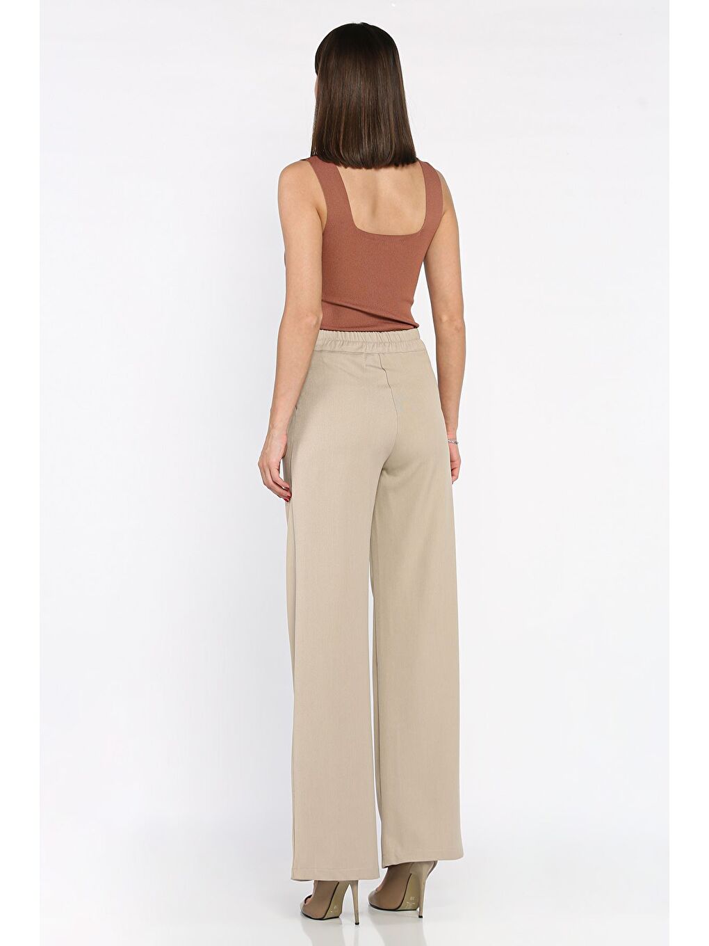 Bej Kadın Bel Lastikli Cırtlı Palazzo Pantolon-2