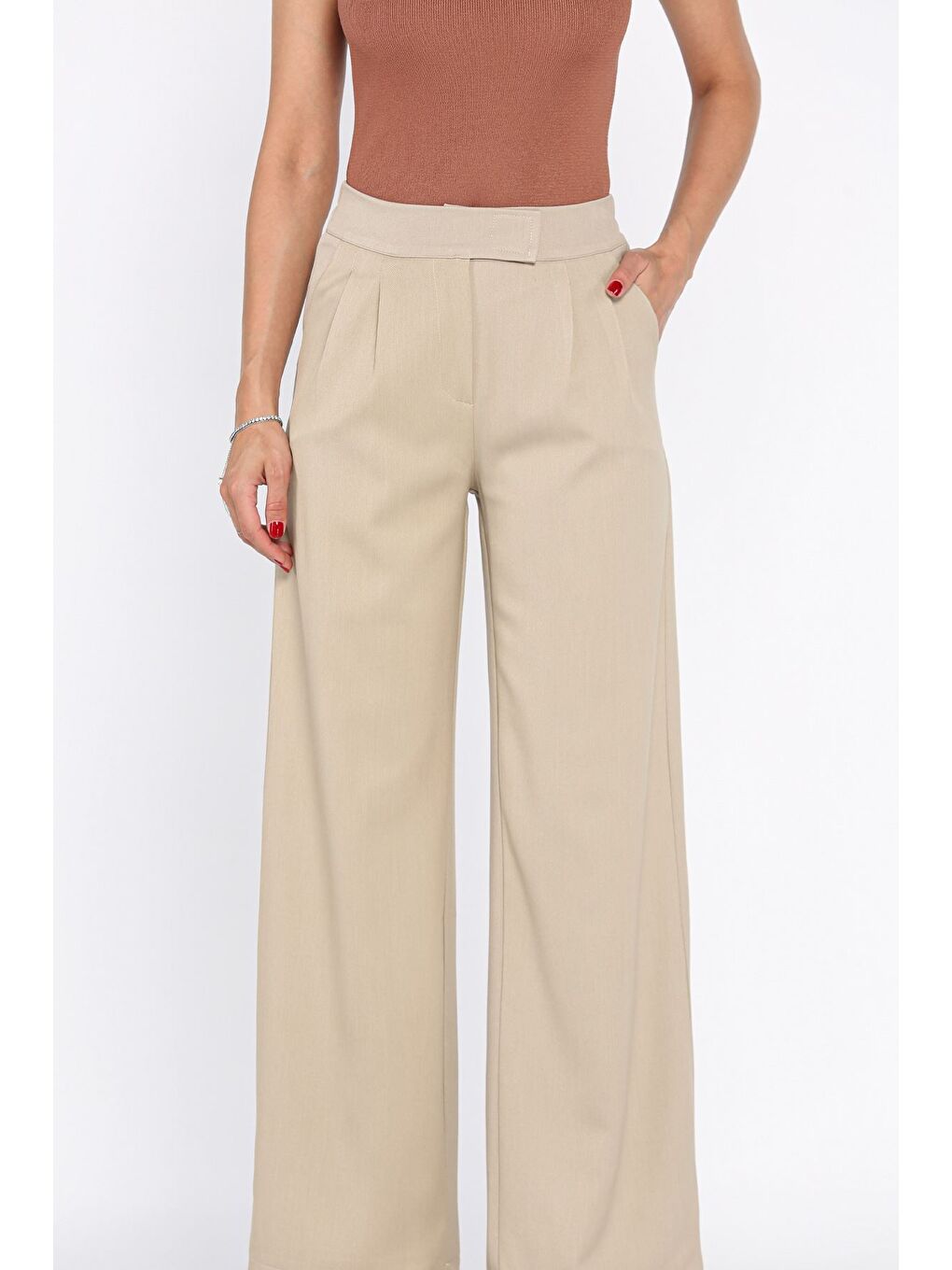 Bej Kadın Bel Lastikli Cırtlı Palazzo Pantolon-3