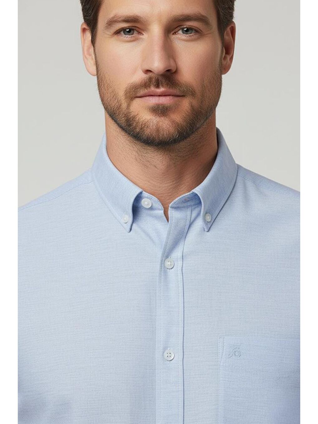 Erkek Açık Mavi Kısa Kollu Pamuk Gömlek – Düğmeli Yaka-2