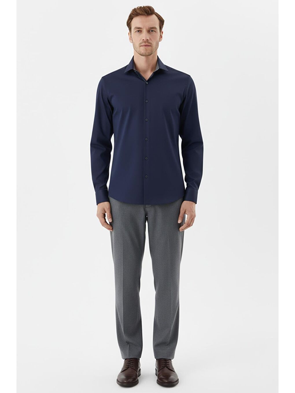 Erkek Lacivert Düz Örme Klasik Yaka Slim Fit Gömlek-2