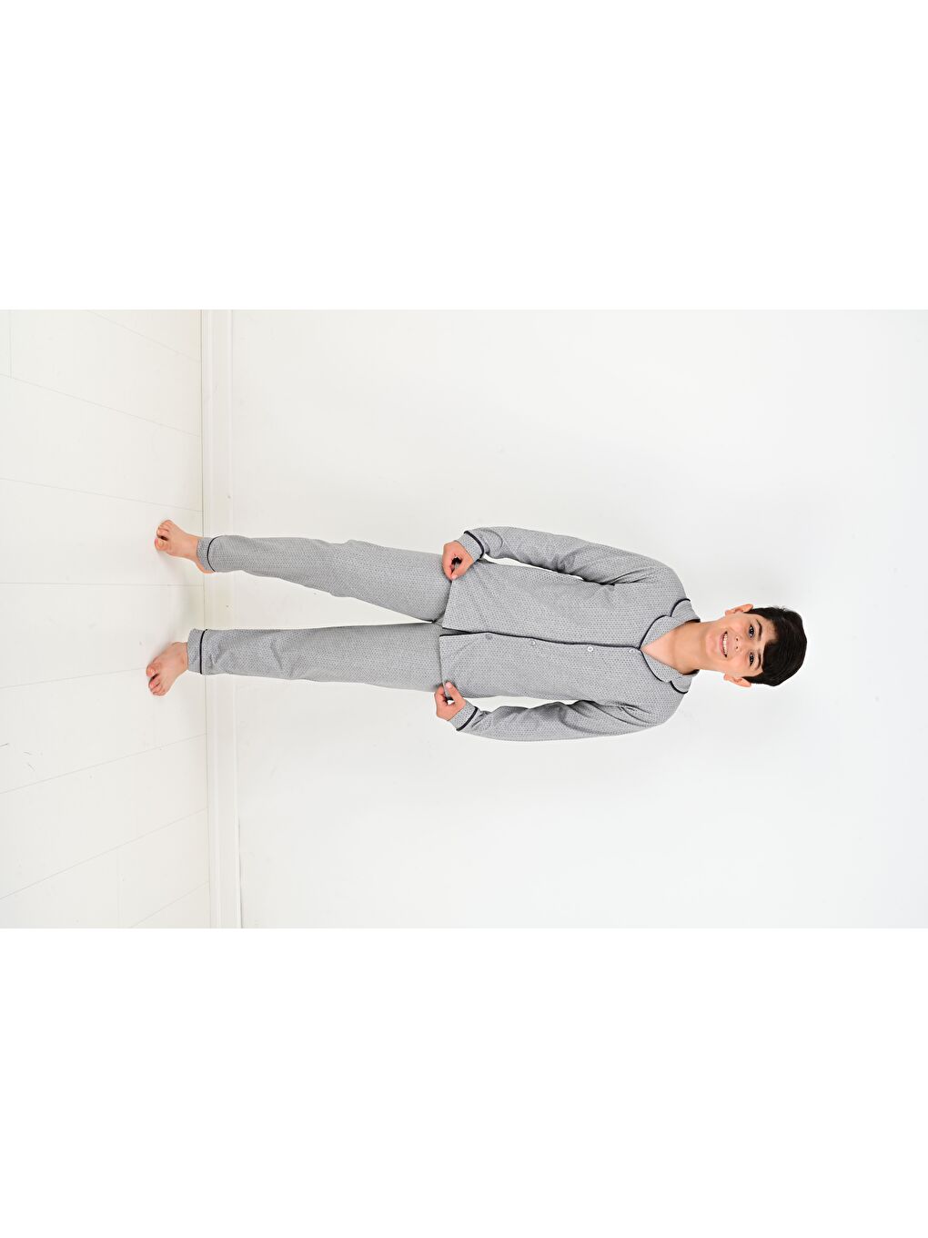 Vitmo Gri Erkek Çocuk Uzun Kollu %100 Pamuklu Düğmeli Pijama Takımı Mini Kare - 1