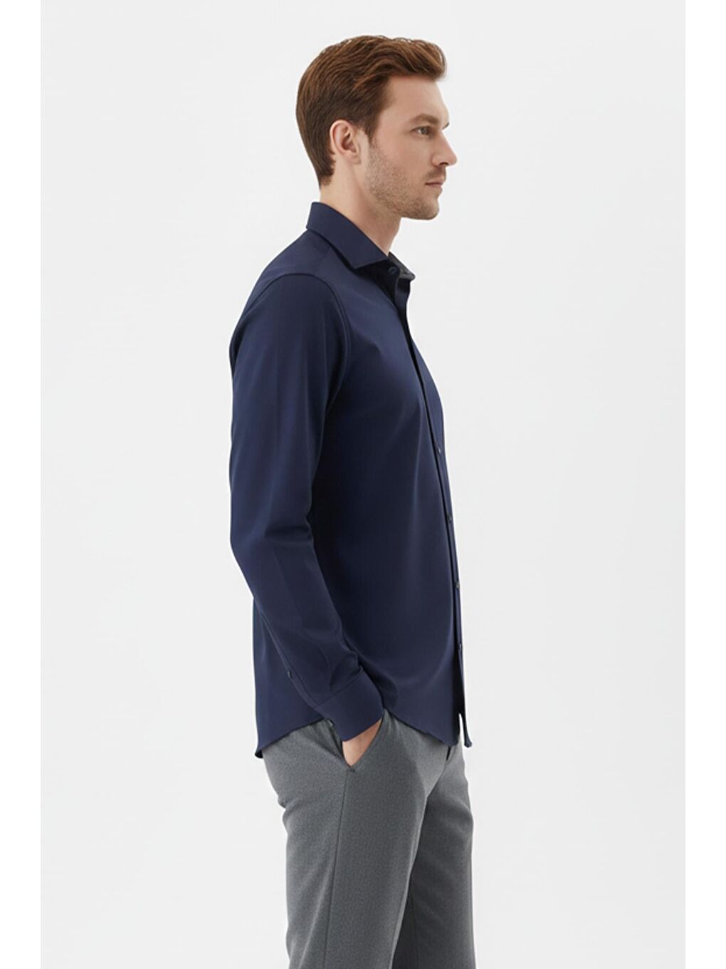 Erkek Lacivert Düz Örme Klasik Yaka Slim Fit Gömlek-3