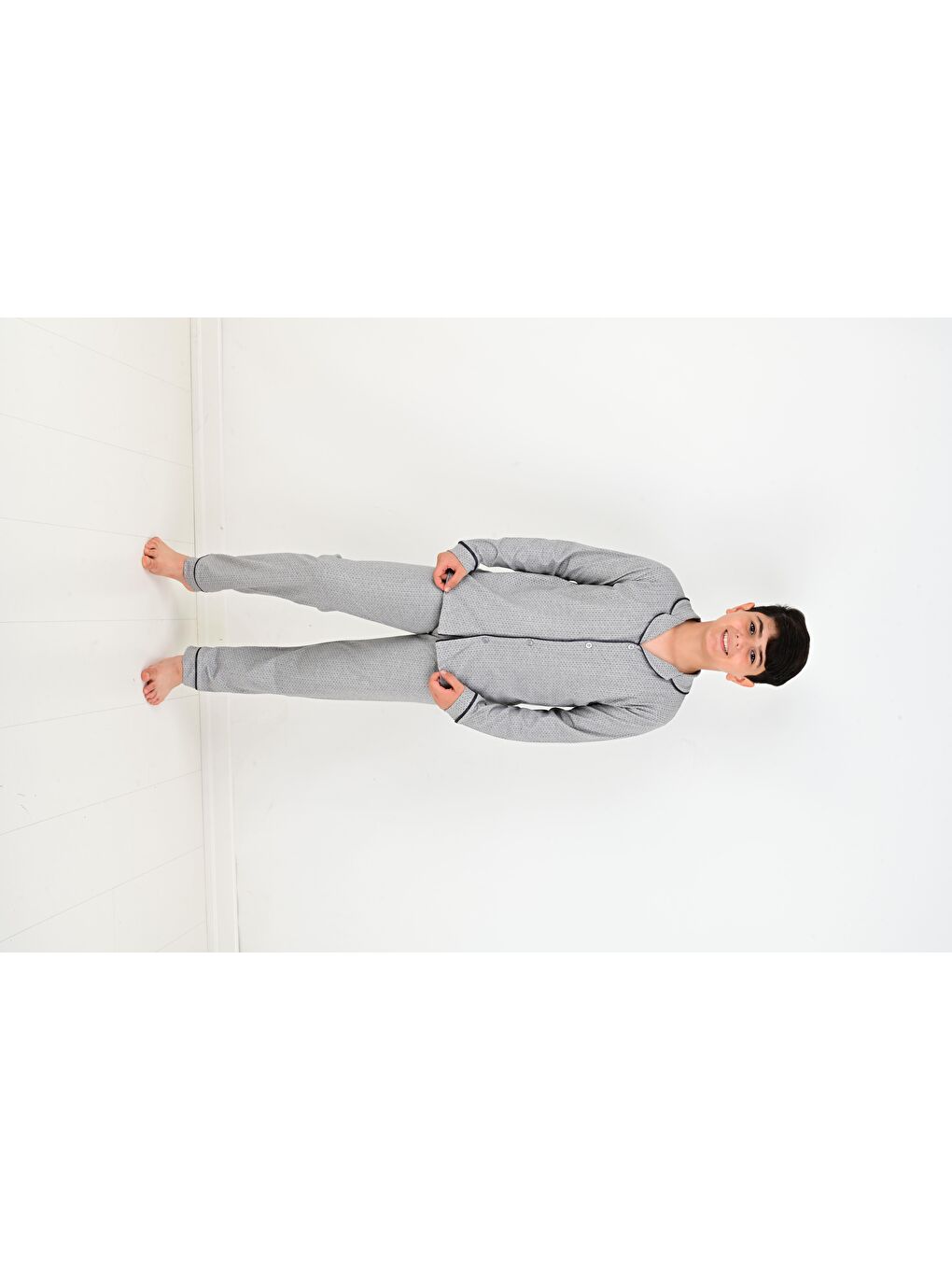 Vitmo Gri Erkek Çocuk Uzun Kollu %100 Pamuklu Düğmeli Pijama Takımı Mini Kare - 2