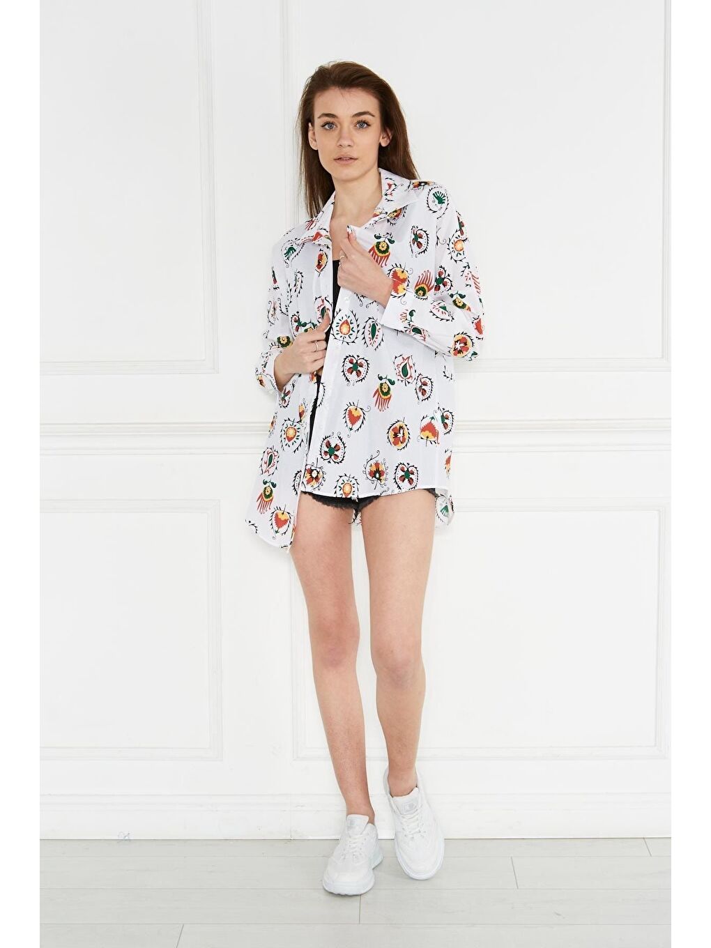 Kırmızı Kadın Oversize Renkli Desenli Uzun Basic Gömlek-4