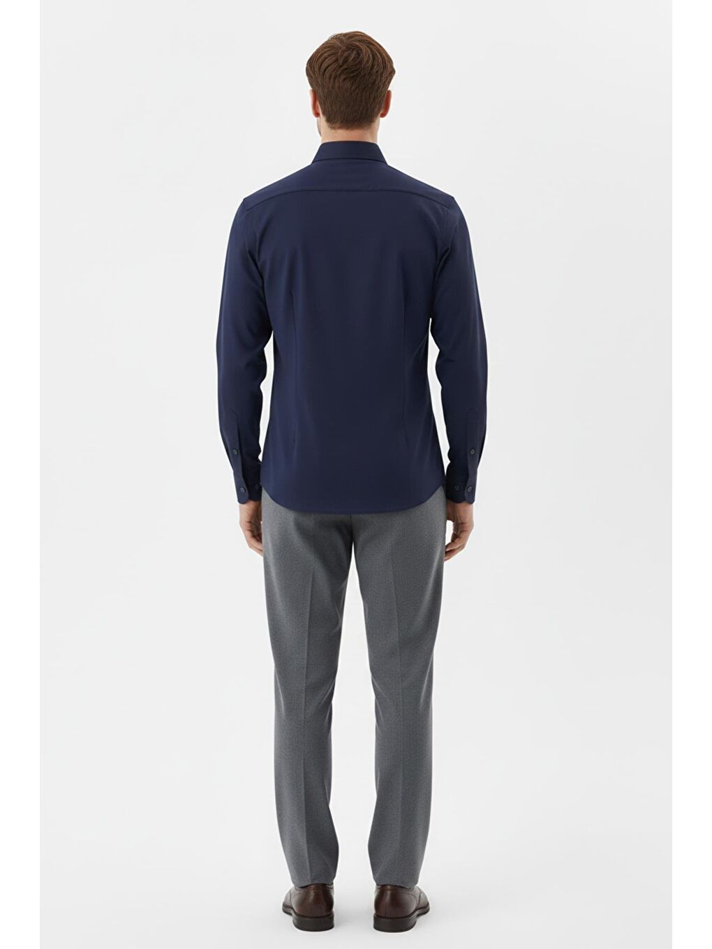 Erkek Lacivert Düz Örme Klasik Yaka Slim Fit Gömlek-4