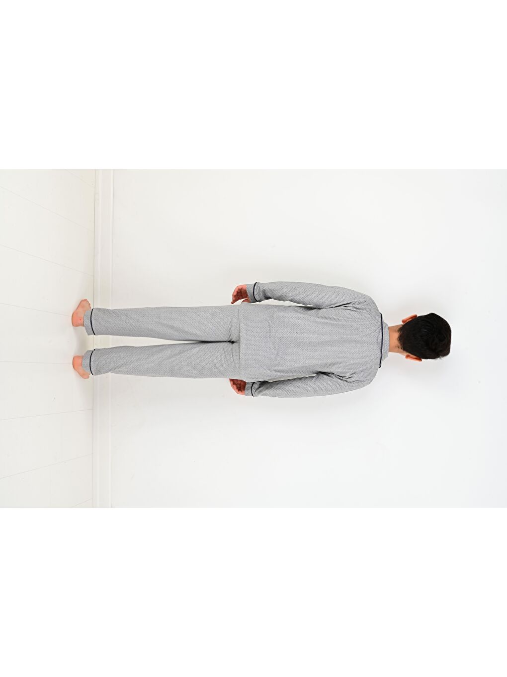 Vitmo Gri Erkek Çocuk Uzun Kollu %100 Pamuklu Düğmeli Pijama Takımı Mini Kare - 3