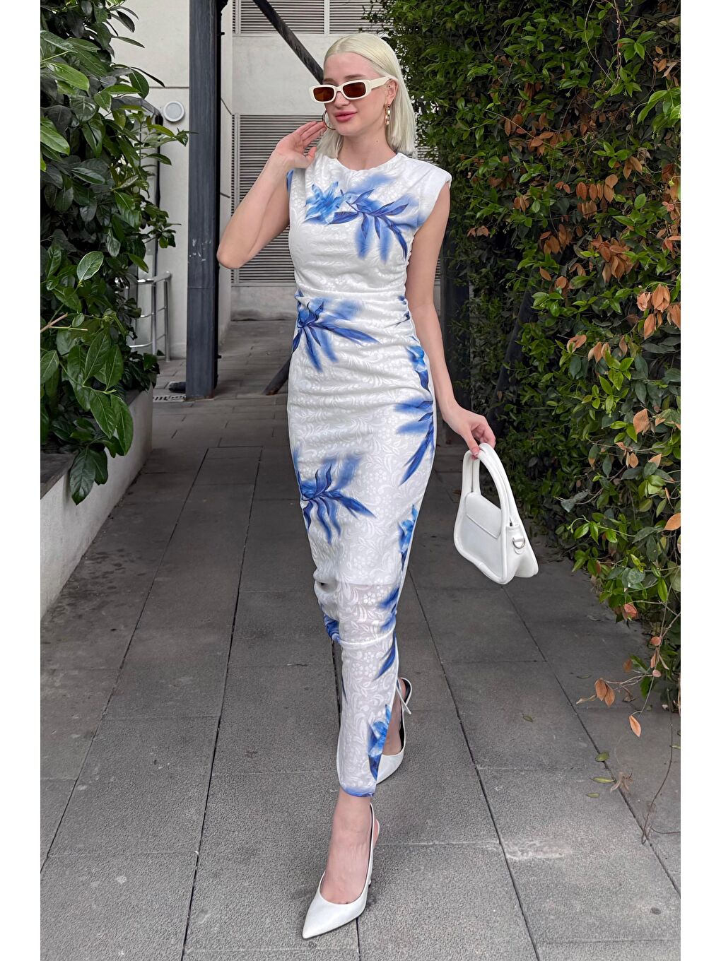 Mavi Desenli Midi Boy Kadın Elbise Mg2464-1