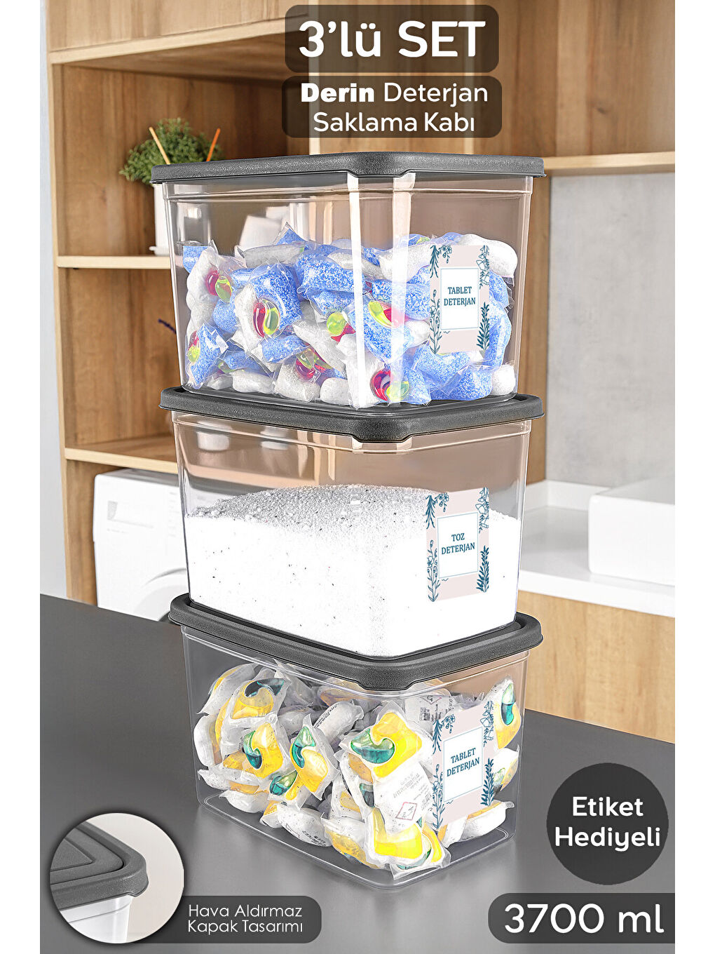 Renksiz 3'lü Etiketli Deterjan Saklama Kutusu 3,7 l