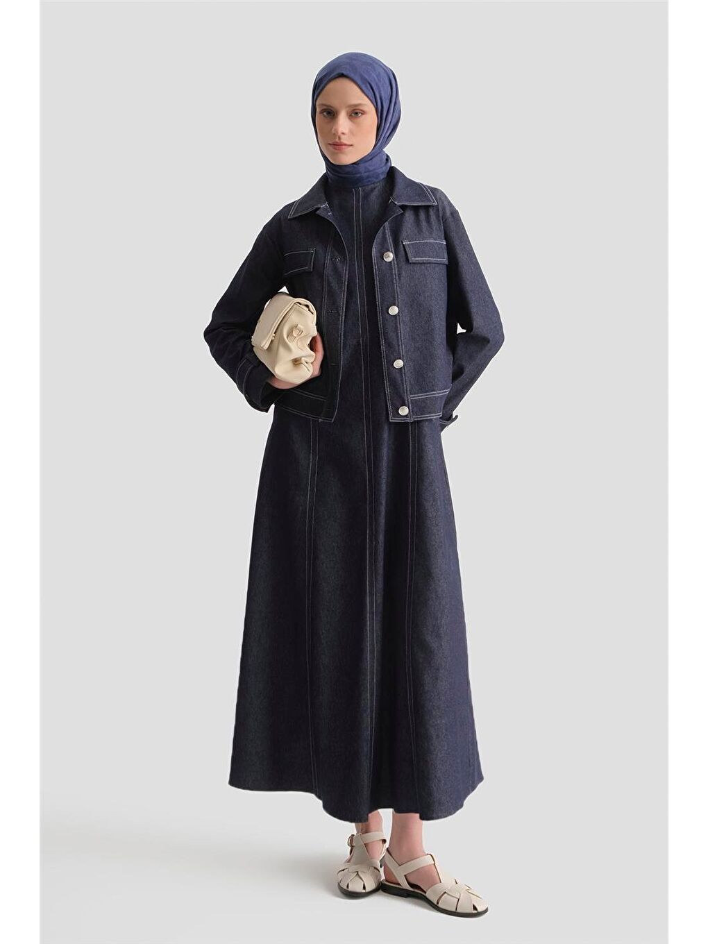 Denim Ceketli Elbise Takım İndigo