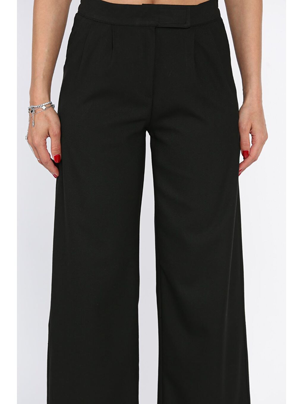 Siyah Kadın Bel Lastikli Cırtlı Palazzo Pantolon-3