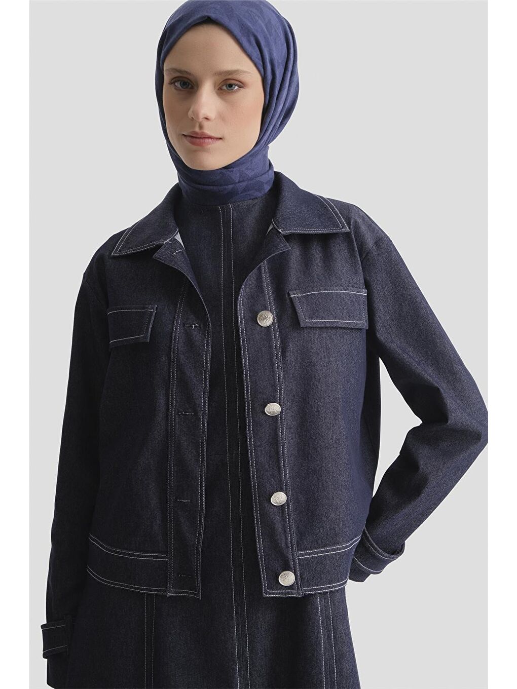 Denim Ceketli Elbise Takım İndigo-2