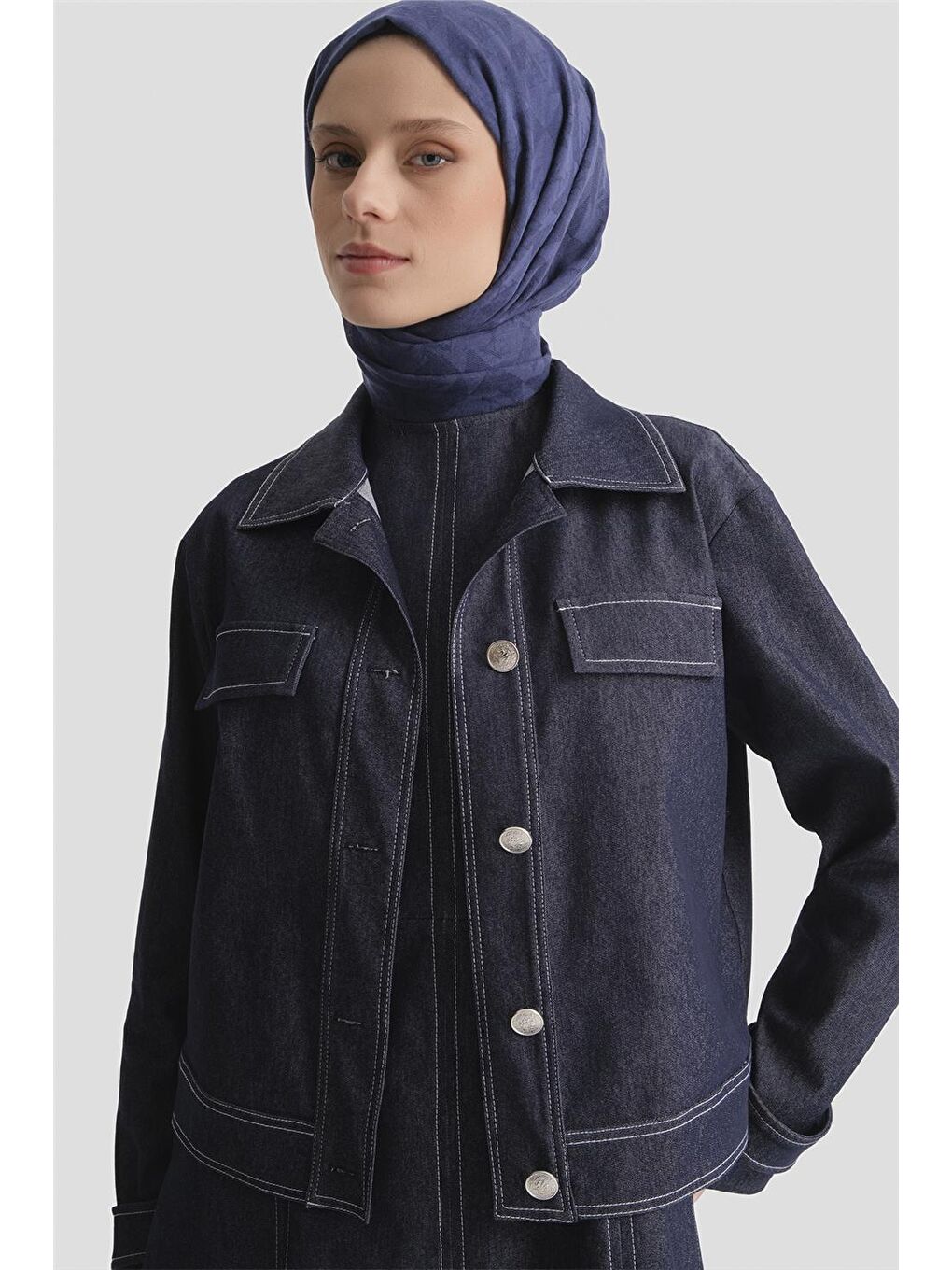 Denim Ceketli Elbise Takım İndigo-3