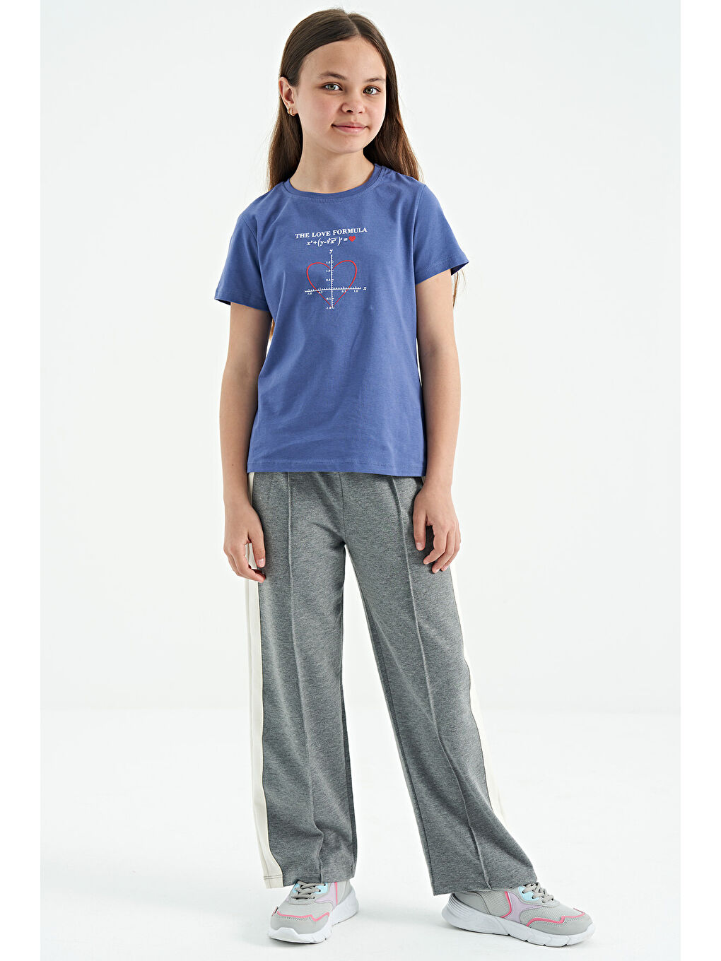 Mor Açık Eflatun O Yaka Baskı Detaylı Rahat Kalıp Kız Çocuk Tişört - 75129-6