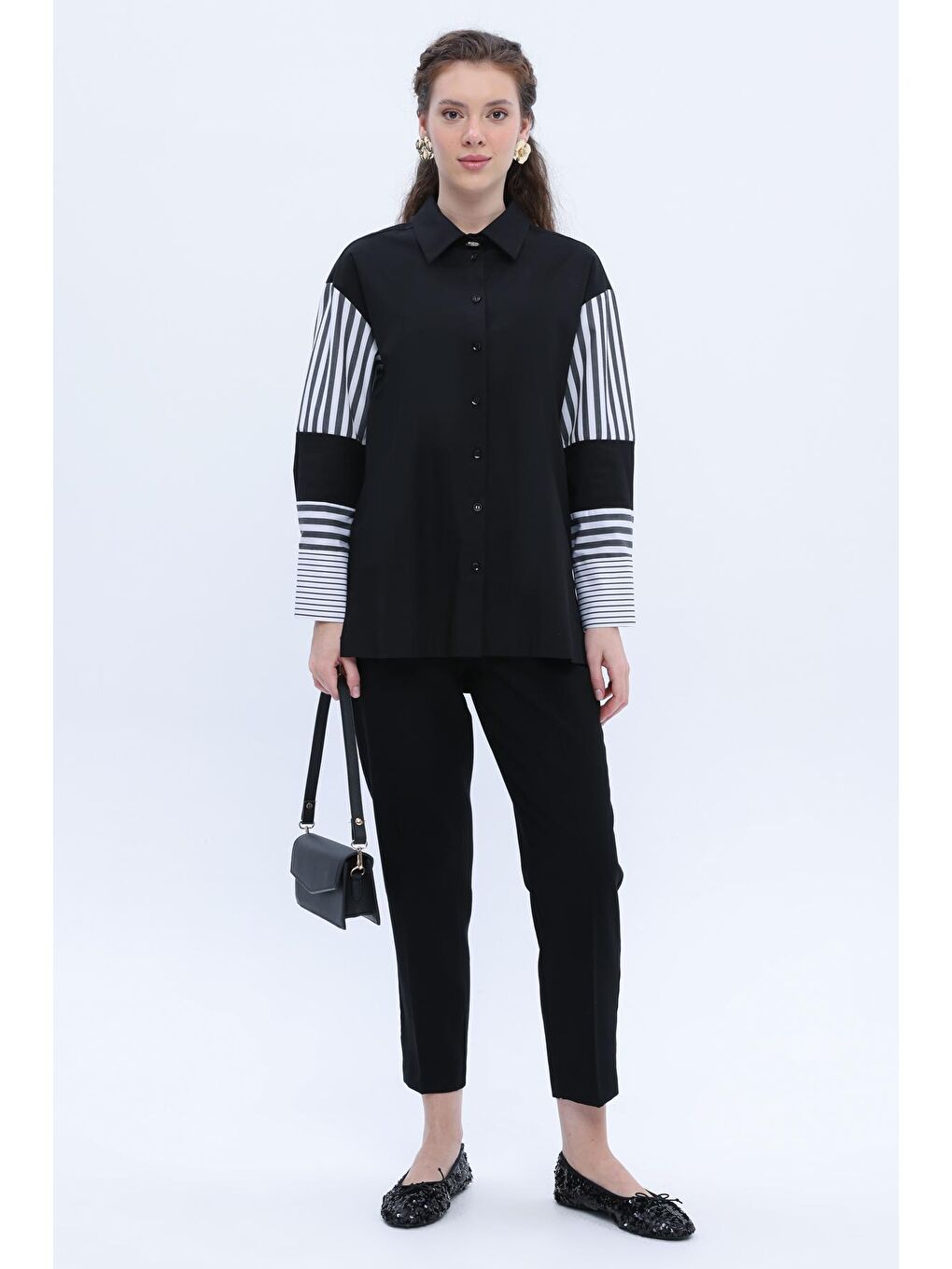 Siyah Çizgi Detaylı Gömlek Tunik-1