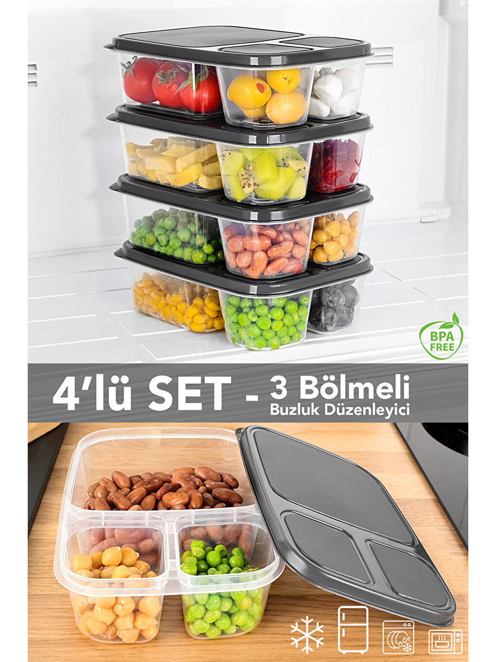 Renksiz 4'lü Dikdörtgen 3 Bölmeli Saklama Kabı