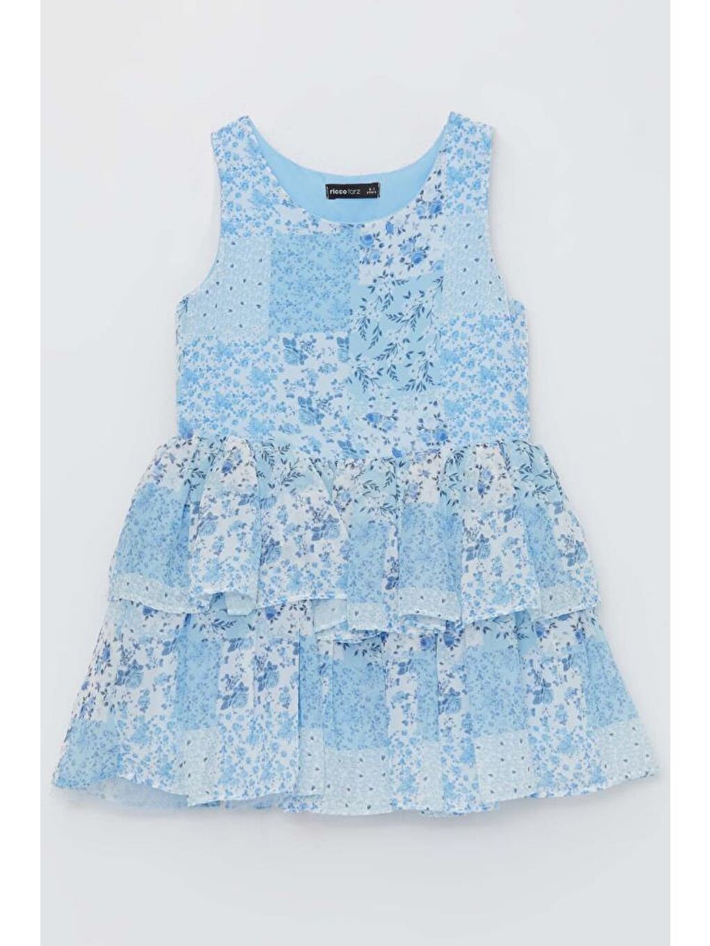 Kız Çocuk Çicek Baskılı Eteği Katkat Tüllü  Sıfır Kollu Mavi Elbise