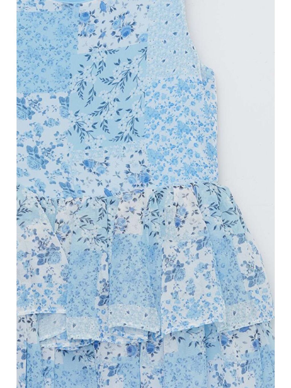 Kız Çocuk Çicek Baskılı Eteği Katkat Tüllü  Sıfır Kollu Mavi Elbise-1