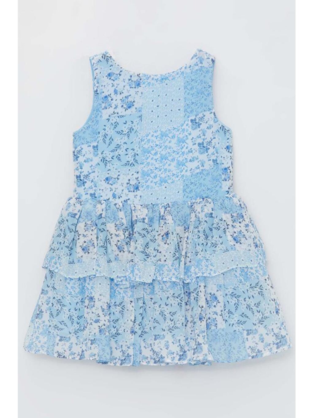 Kız Çocuk Çicek Baskılı Eteği Katkat Tüllü  Sıfır Kollu Mavi Elbise-2
