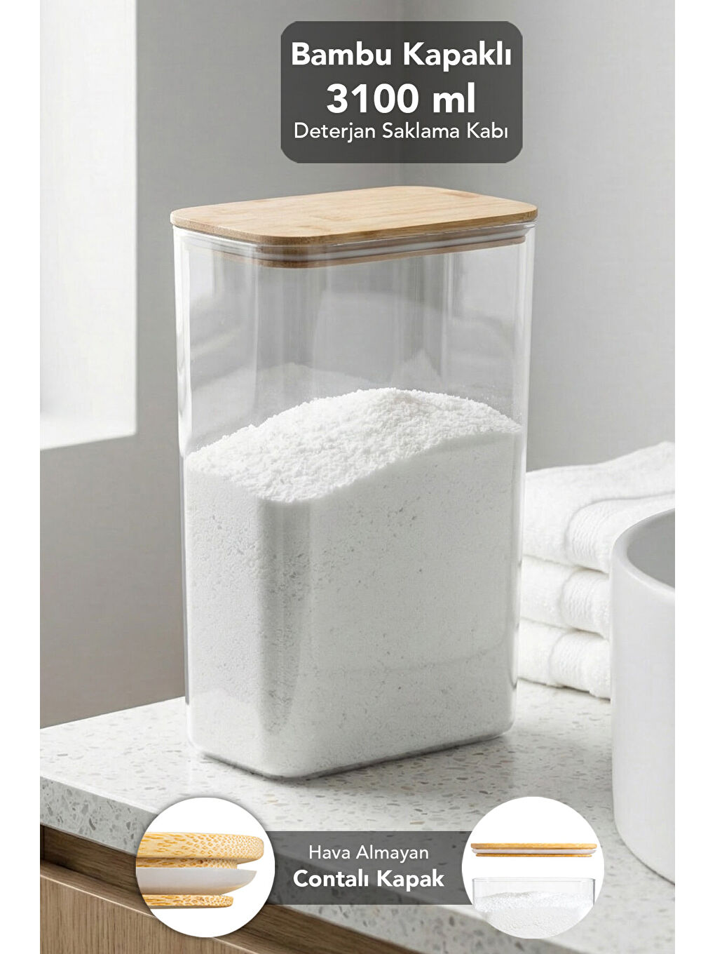 Renksiz 1 Adet Bambu Kapak Aura Deterjan Saklama Kutusu 3,1 l