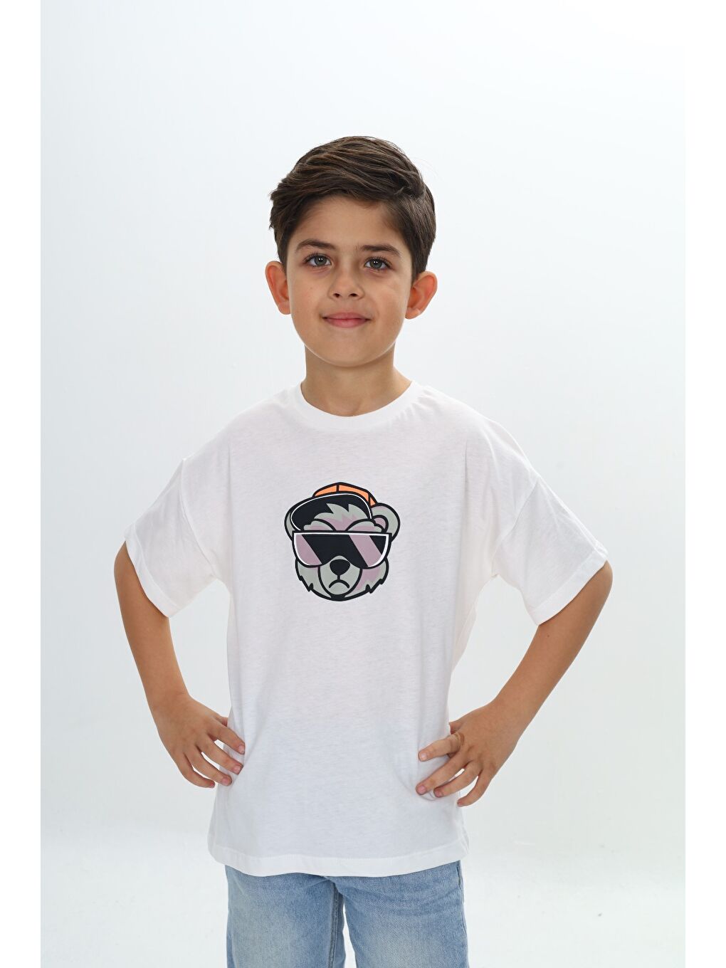 Ekru Erkek Çocuk Şapkalı Ayı Baskılı Tişört