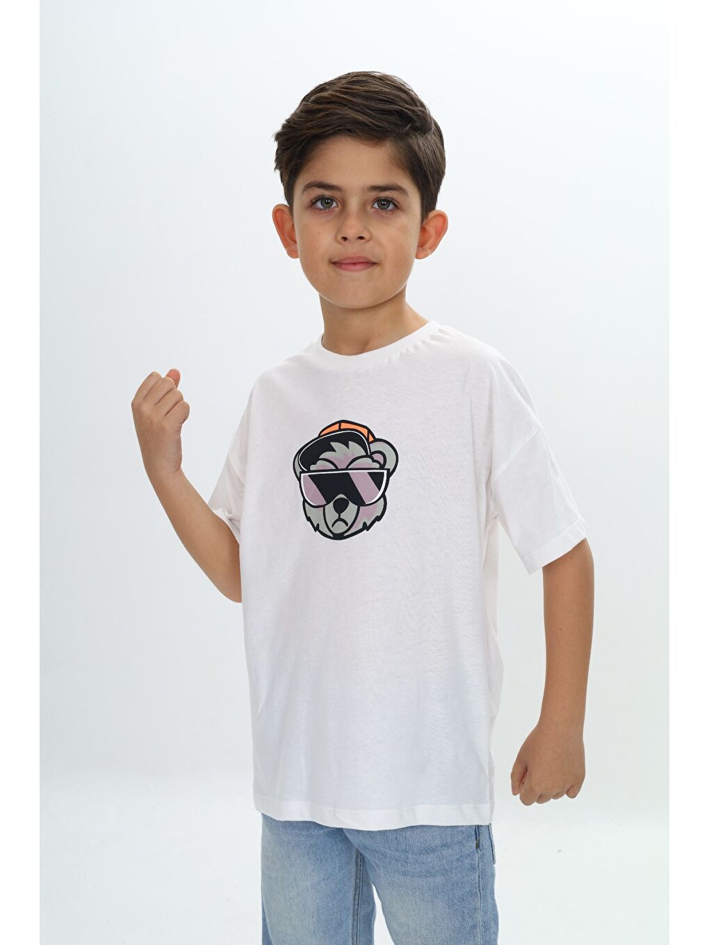 Ekru Erkek Çocuk Şapkalı Ayı Baskılı Tişört-1