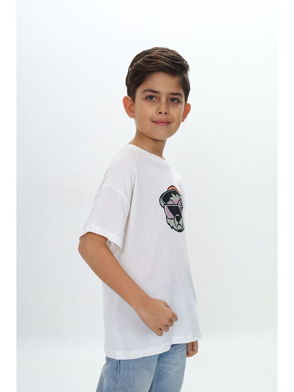 Ekru Erkek Çocuk Şapkalı Ayı Baskılı Tişört-2
