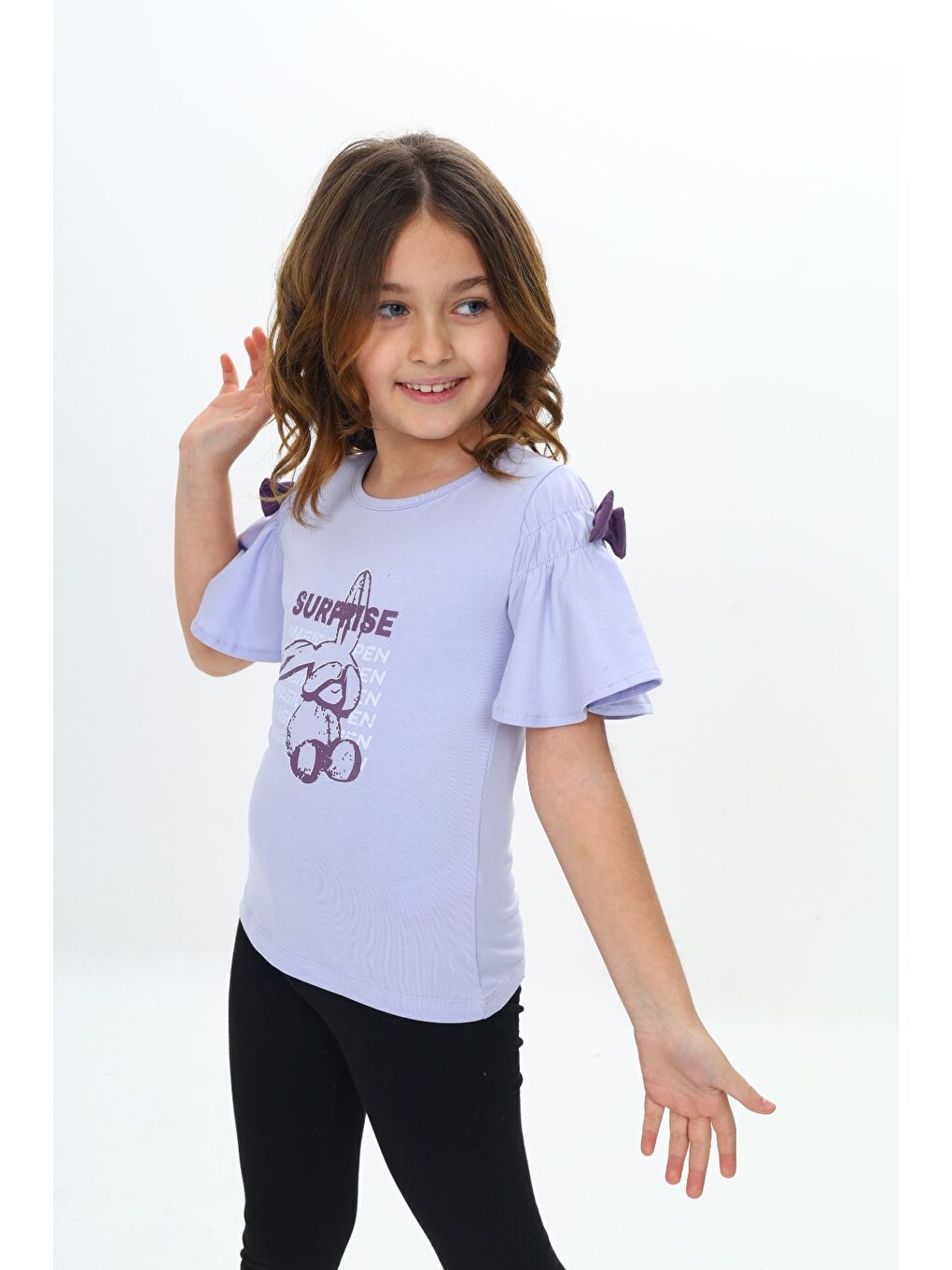 Lila Kız Çocuk Fiyonklu Tavşan Baskılı Tişört-1