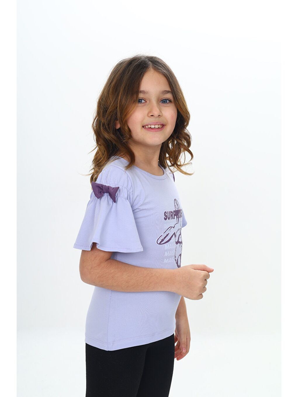 Lila Kız Çocuk Fiyonklu Tavşan Baskılı Tişört-2