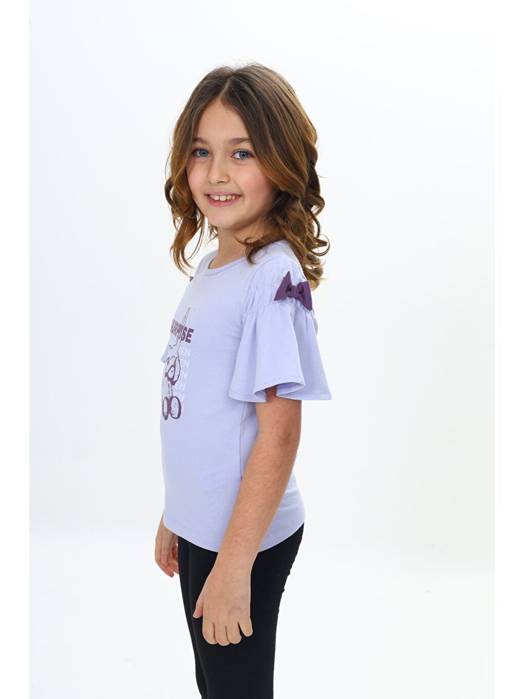 Lila Kız Çocuk Fiyonklu Tavşan Baskılı Tişört-4