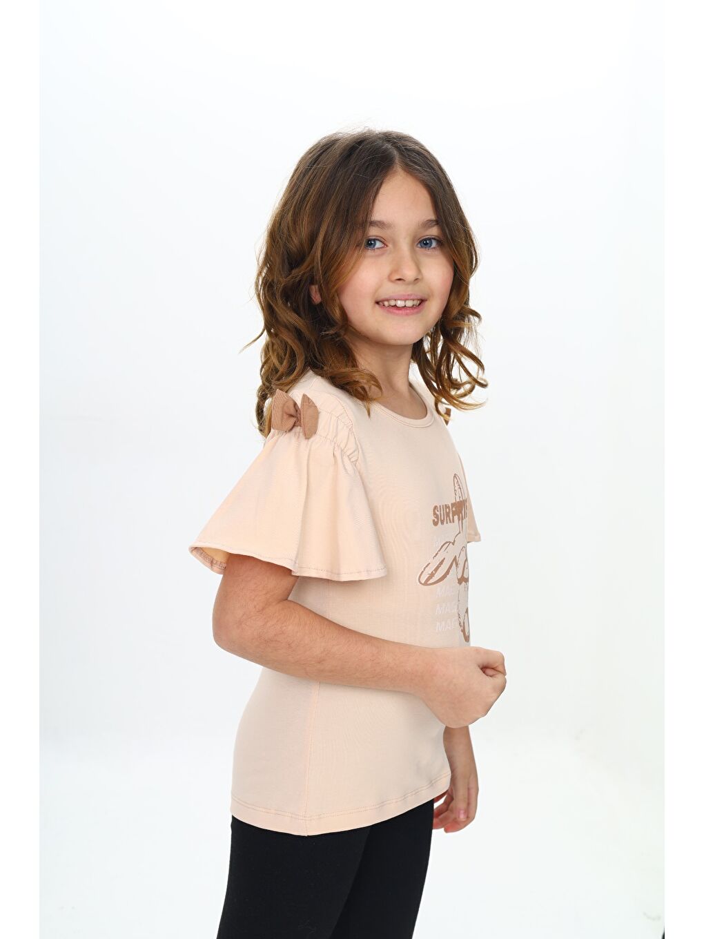 Bej Kız Çocuk Fiyonklu Tavşan Baskılı Tişört-1