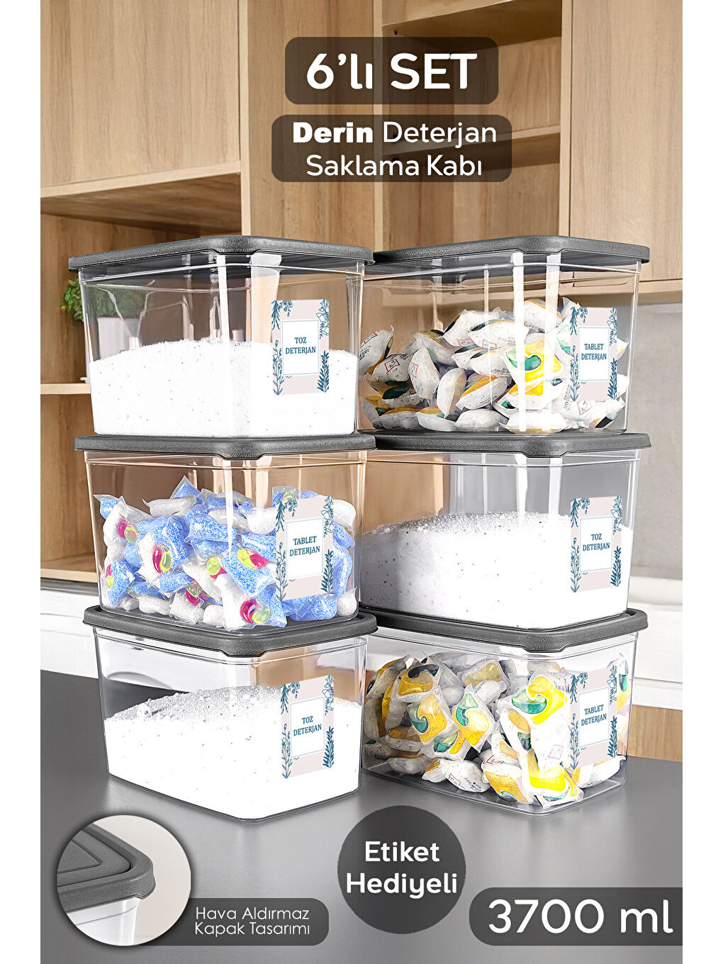 Renksiz 6'lı Etiketli Deterjan Saklama Kutusu 3,7 l