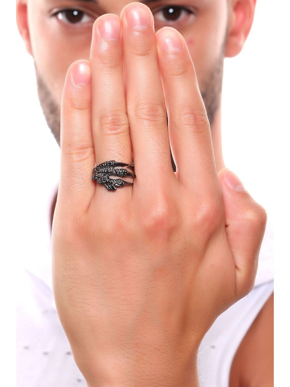 Antrasit Erkek Antik Gümüş Kaplama Ayarlanabilir Kartal Pençesi Yüzük-1