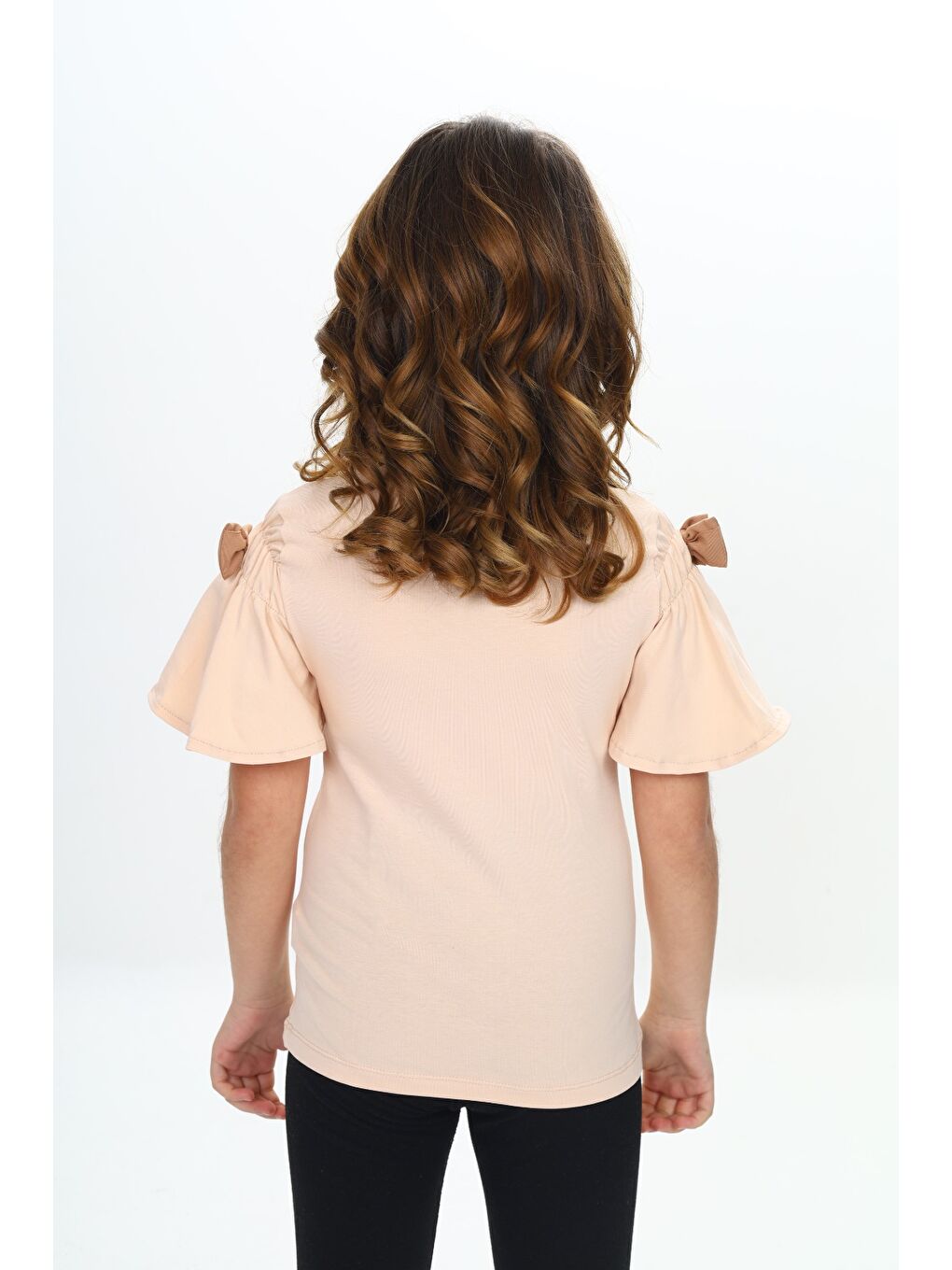 Bej Kız Çocuk Fiyonklu Tavşan Baskılı Tişört-2