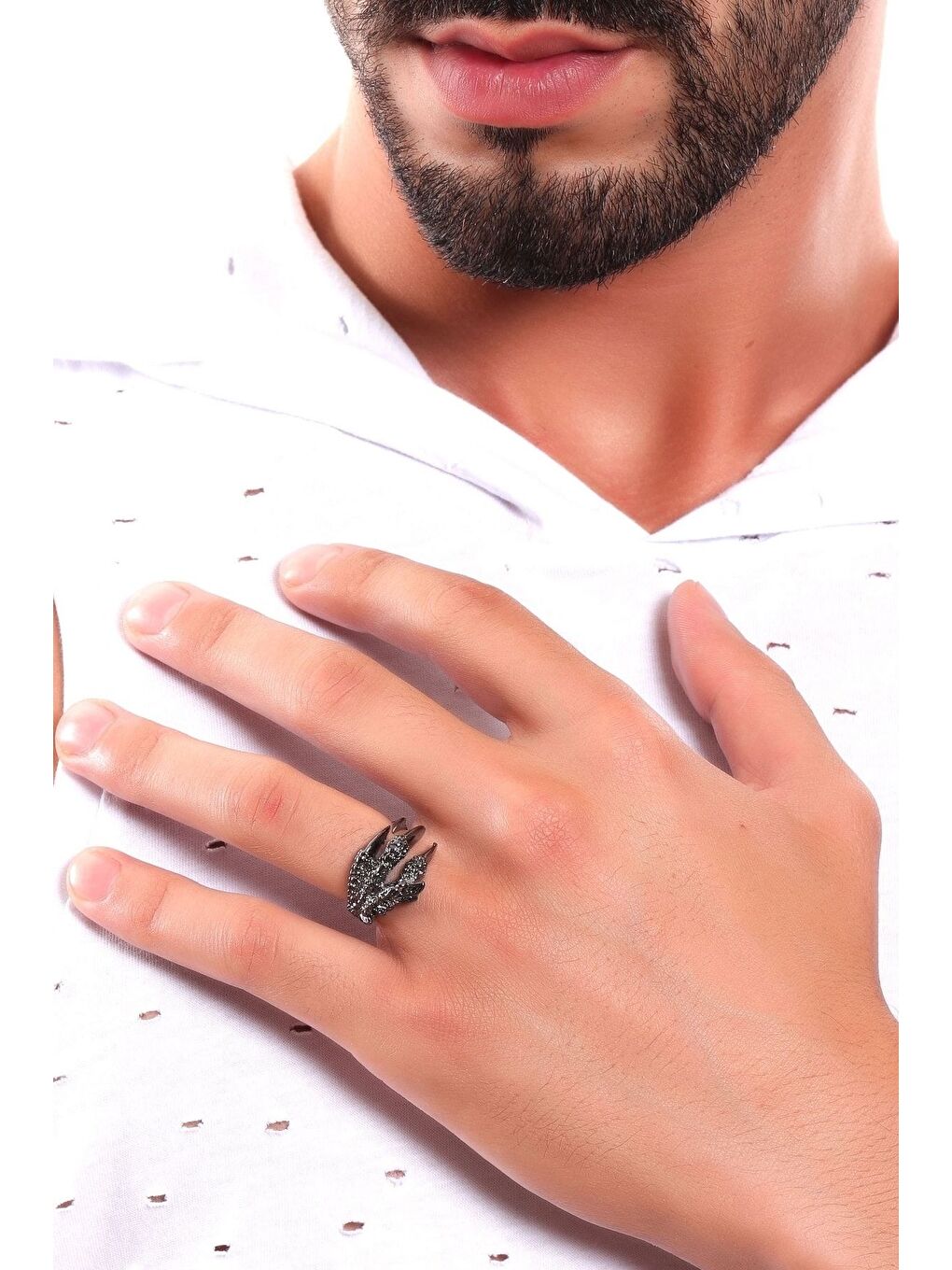 Antrasit Erkek Antik Gümüş Kaplama Ayarlanabilir Kartal Pençesi Yüzük-3