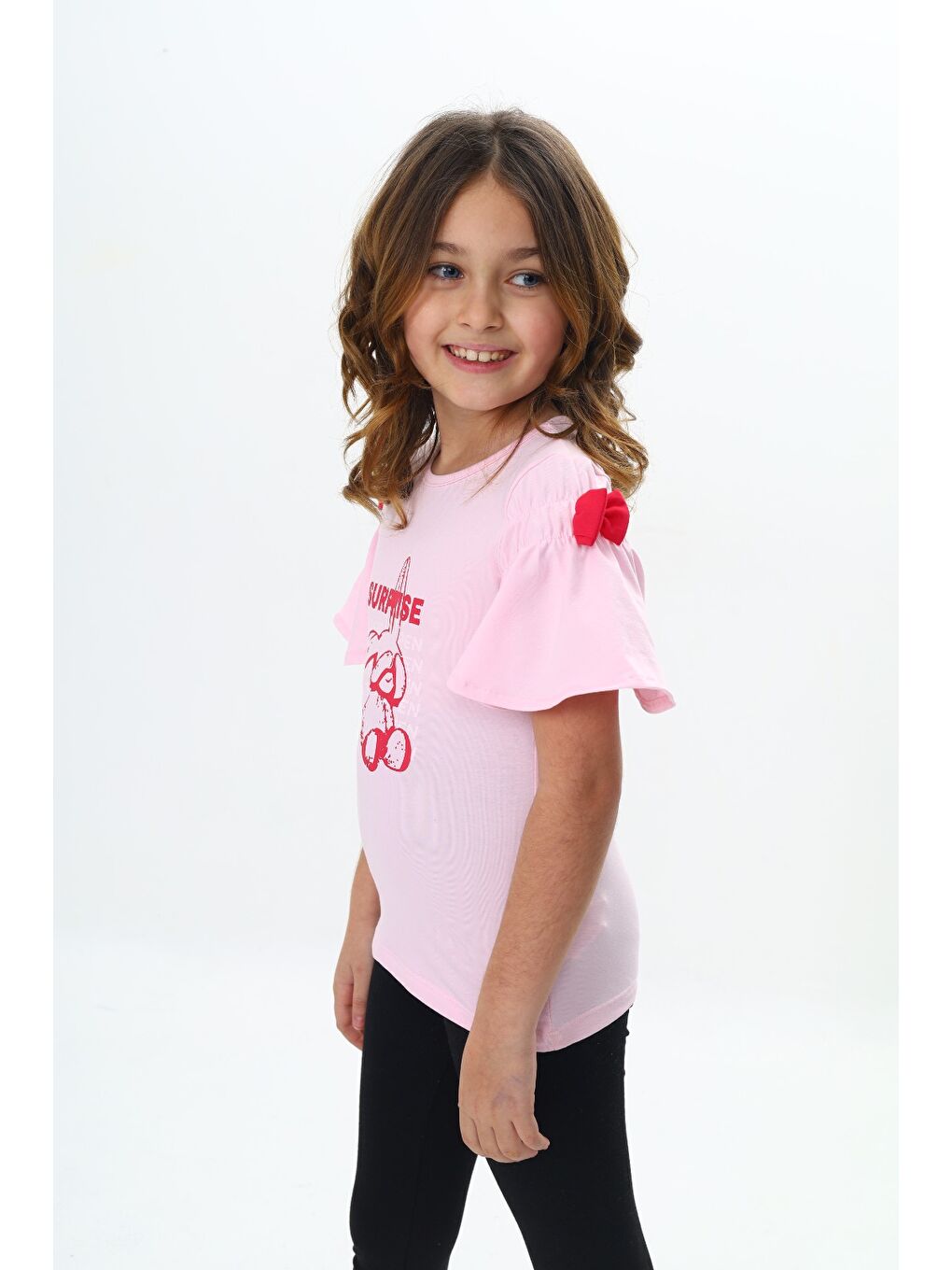 Pembe Kız Çocuk Fiyonklu Tavşan Baskılı Tişört-1