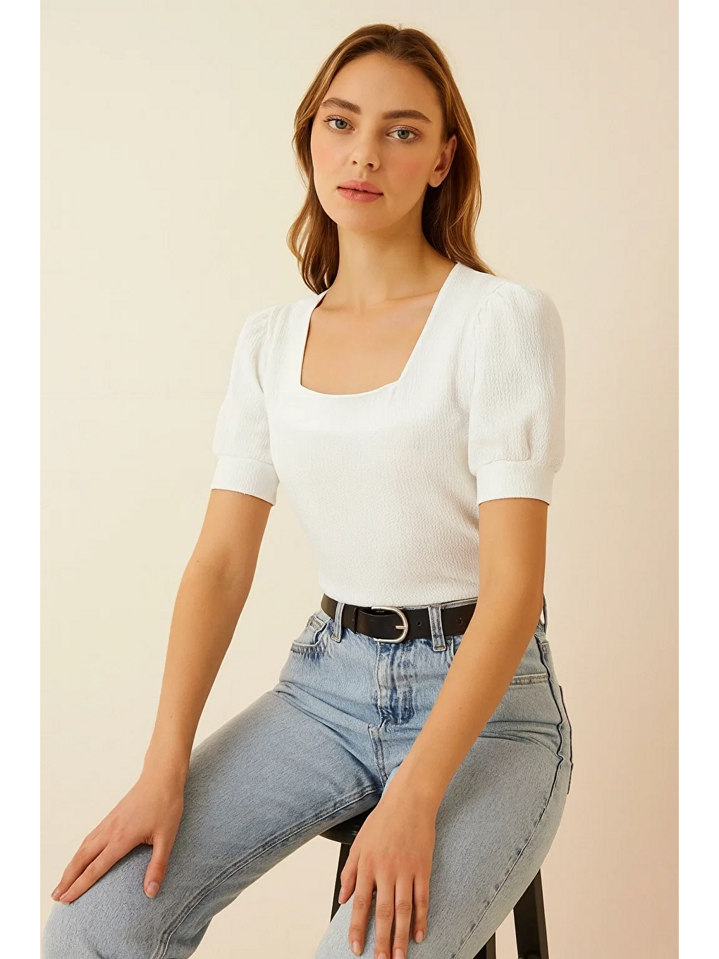 Kadın Örme Kısa Kolu Kare Yaka Basic Beyaz Bluz-4