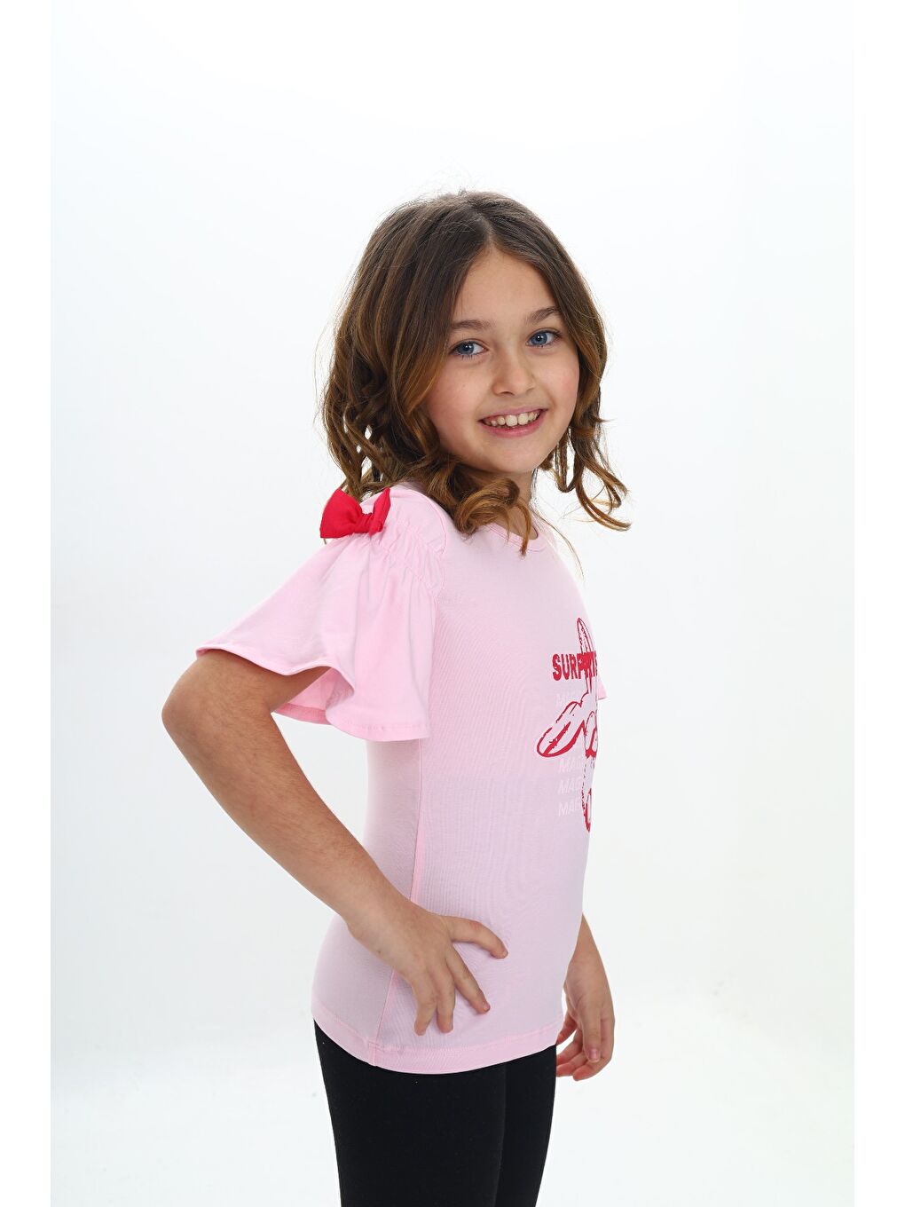 Pembe Kız Çocuk Fiyonklu Tavşan Baskılı Tişört-2