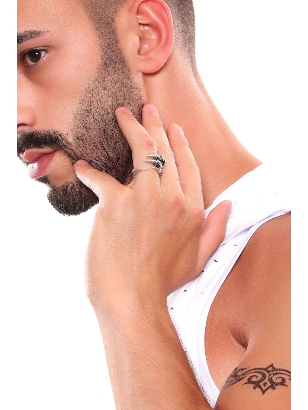 Gri Erkek Antik Gümüş Kaplama Ayarlanabilir Kartal Pençesi Yüzük-4